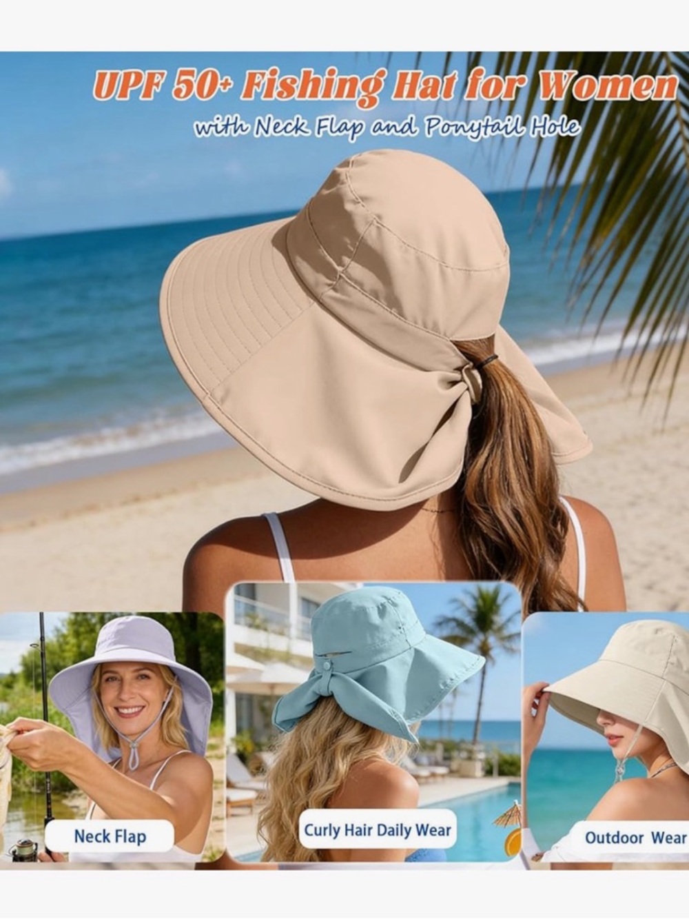 Beige UPF 50+ Wide Brim Sun Hat Neck Flap Ponytail Hole NWT - Picture 6 of 6